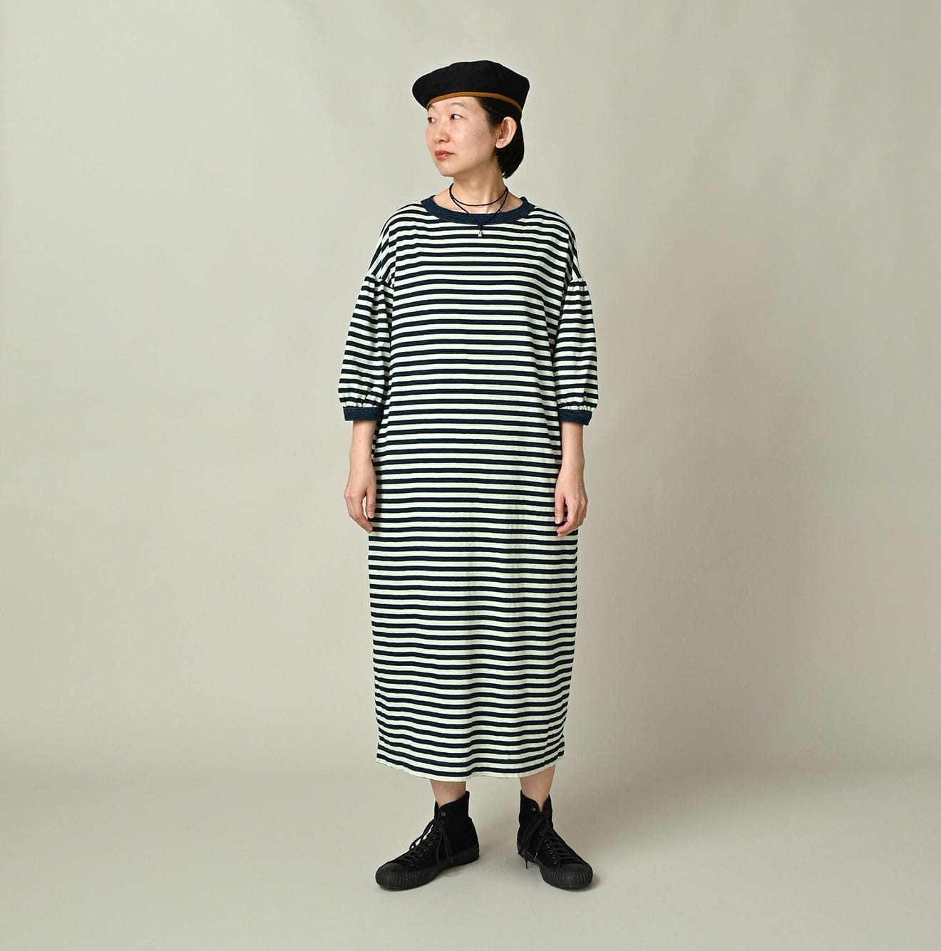 45R Indigo Stripe Puff Sleeve Dress
