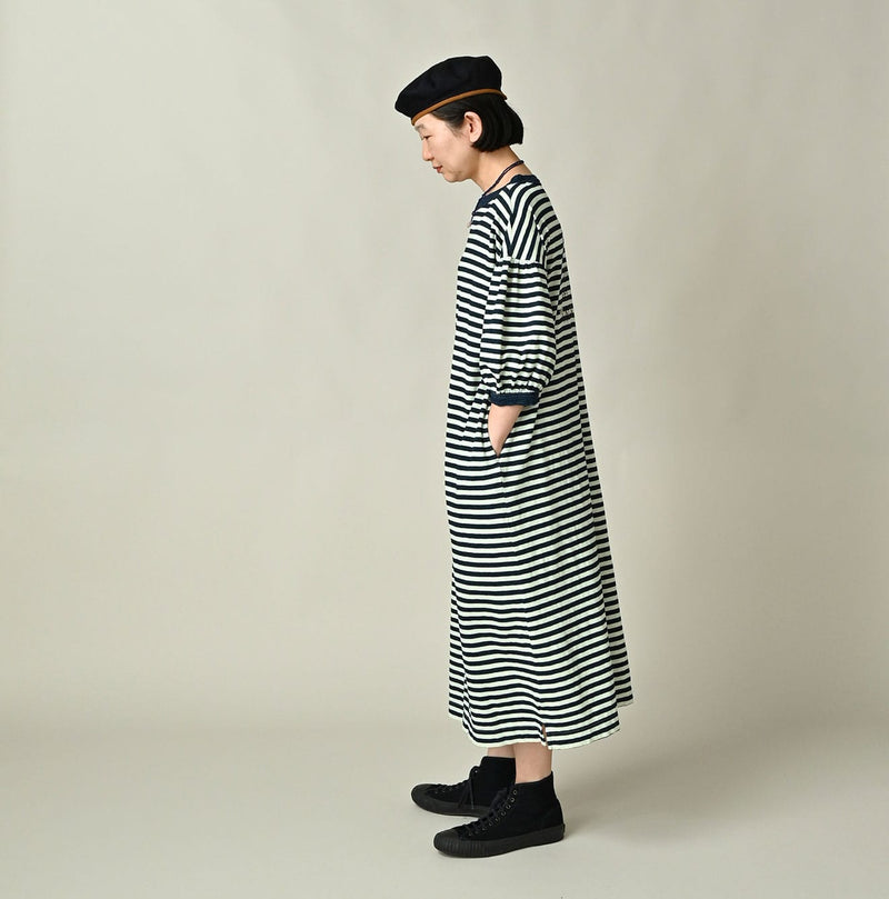 45R Indigo Stripe Puff Sleeve Dress