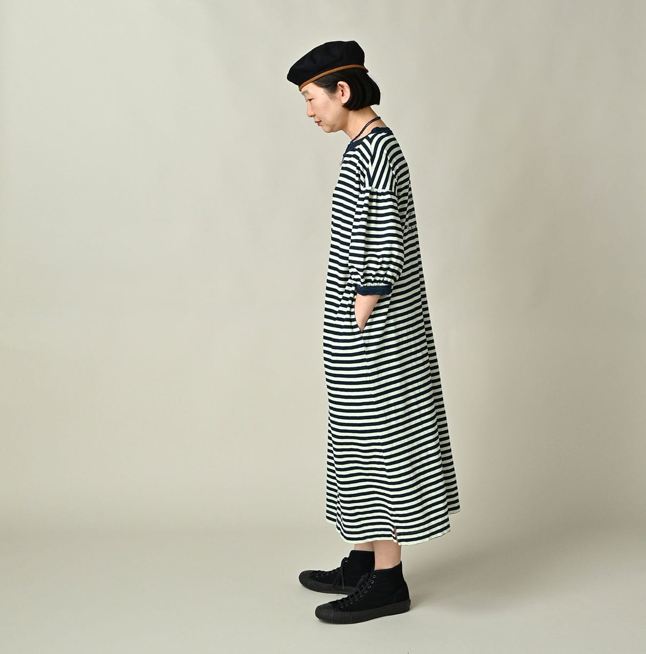 45R Indigo Stripe Puff Sleeve Dress