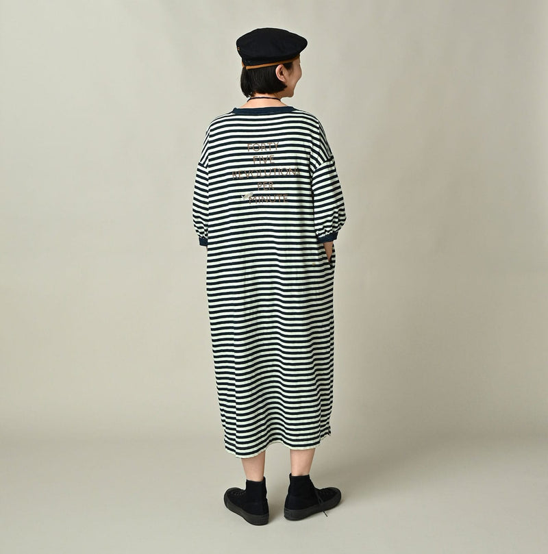 45R Indigo Stripe Puff Sleeve Dress
