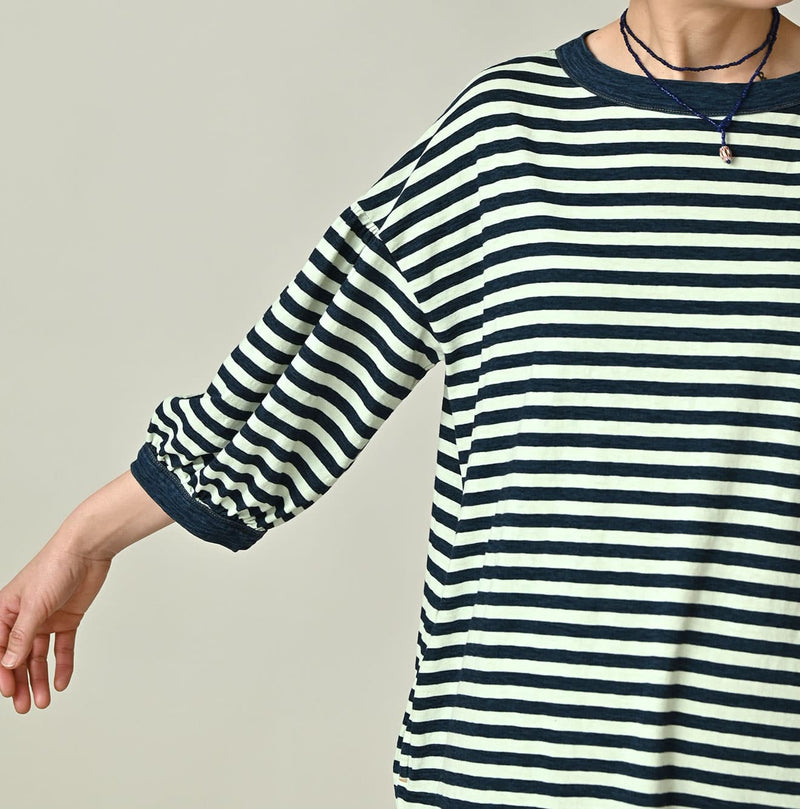 45R Indigo Stripe Puff Sleeve Dress