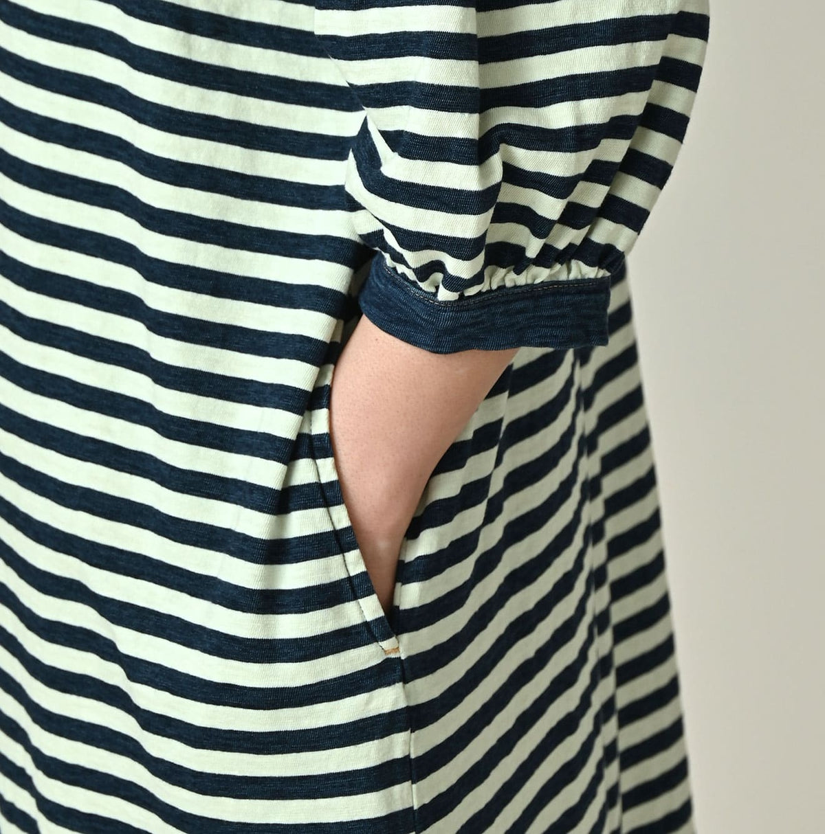45R Indigo Stripe Puff Sleeve Dress