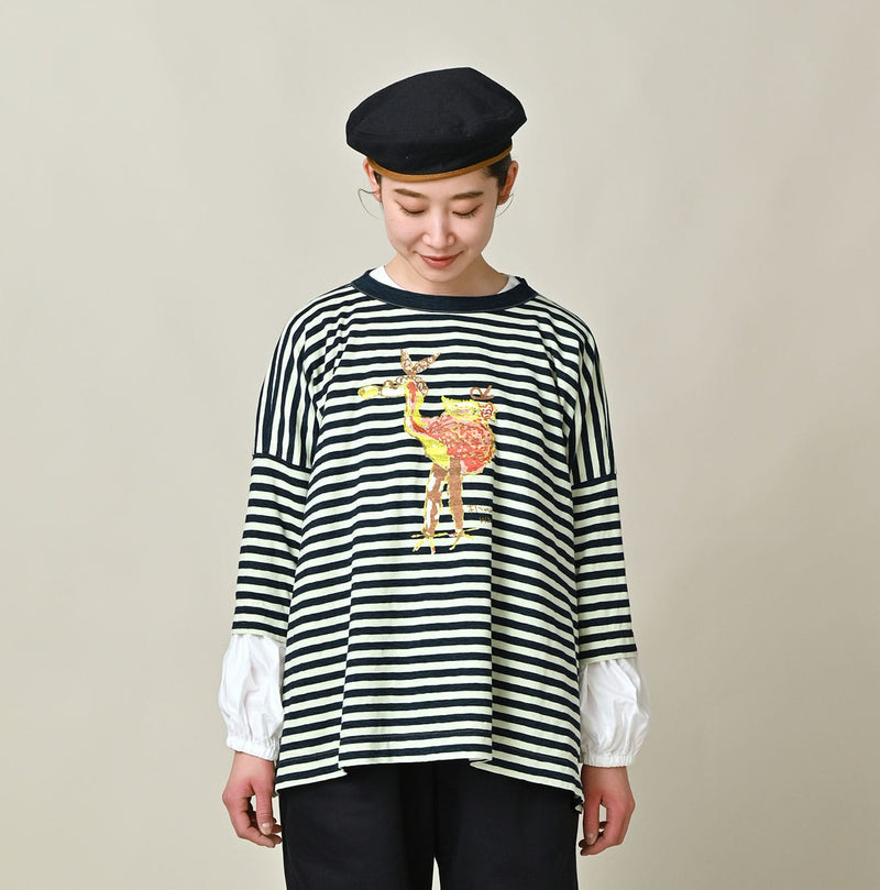 45R Indigo Stripe Flamingway Big Slit T-shirt