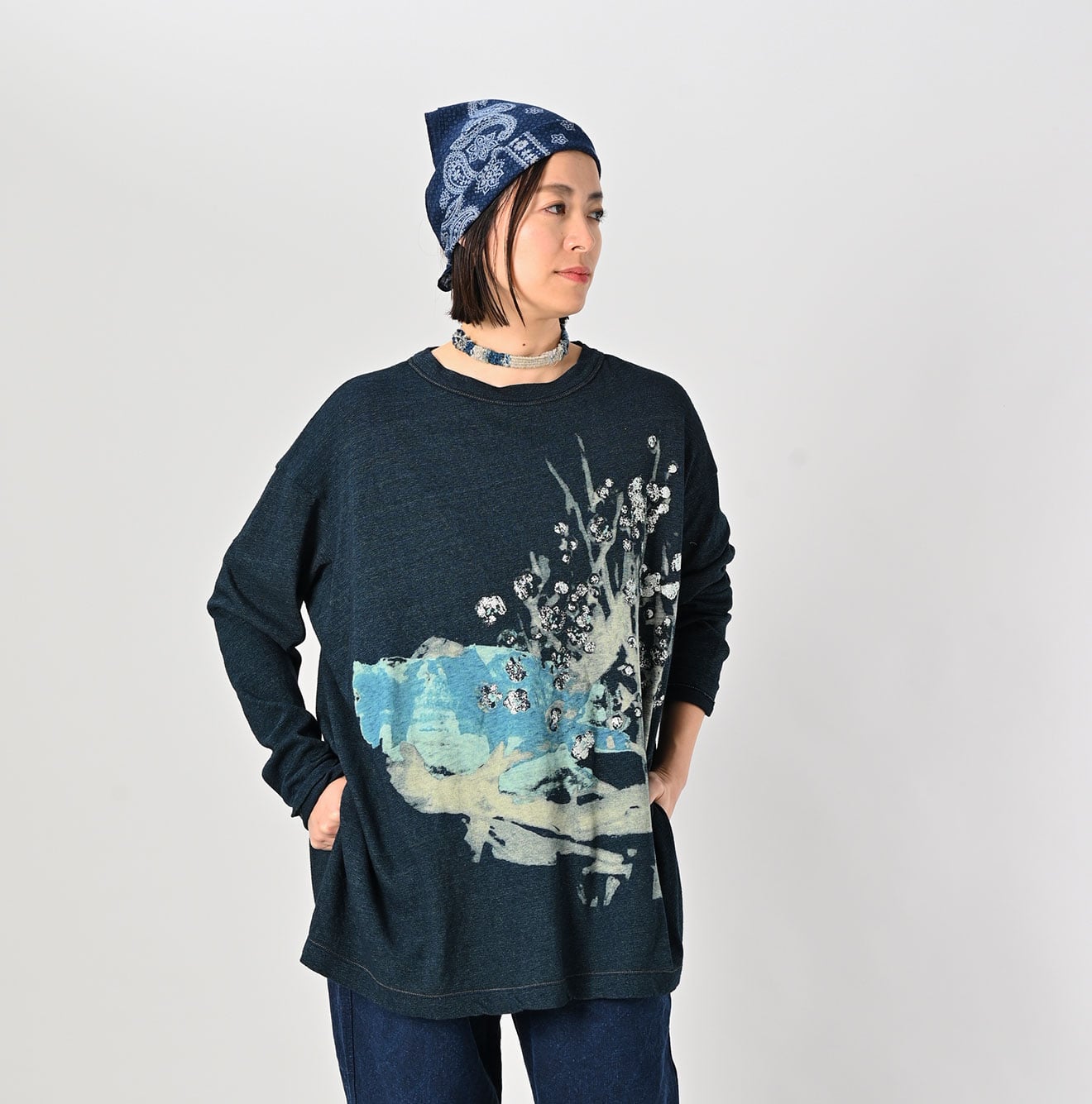 45R Indigo Gauze Tenjiku Plum Warbler T-shirt