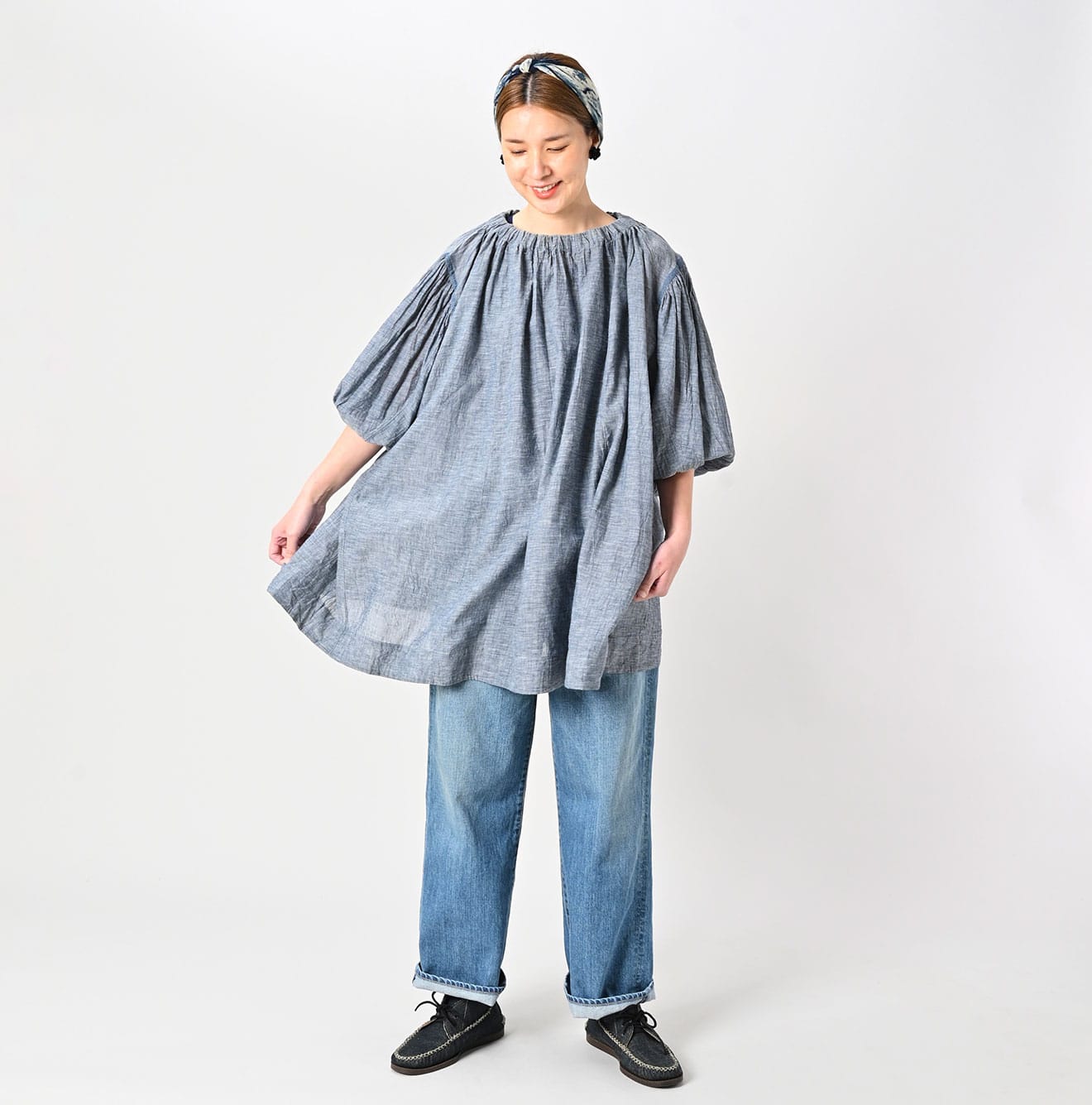 45R Indigo Dungaree Gauze Shirring Tunic Blouse