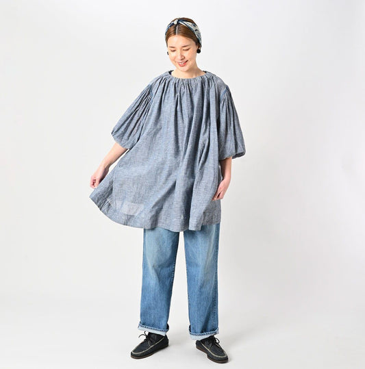 Indigo Dungaree Gauze Shirring Tunic Blouse - 45R by 45rpm studio