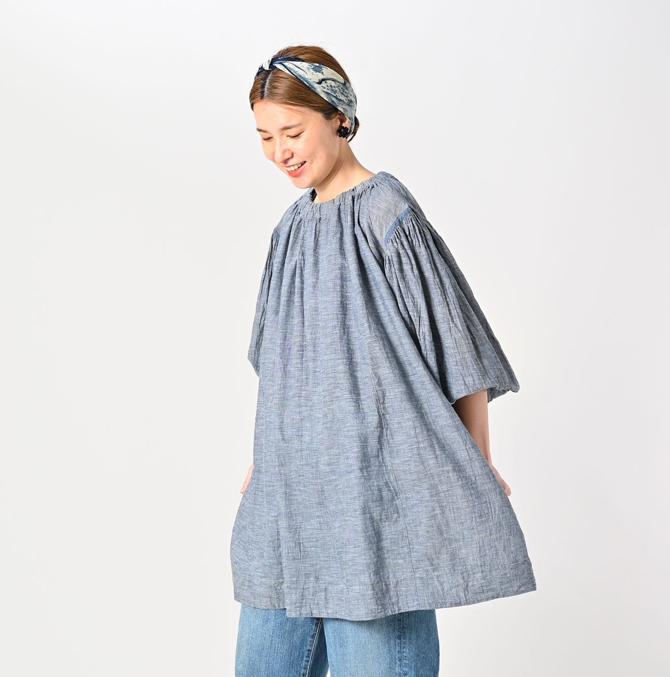 45R Indigo Dungaree Gauze Shirring Tunic Blouse