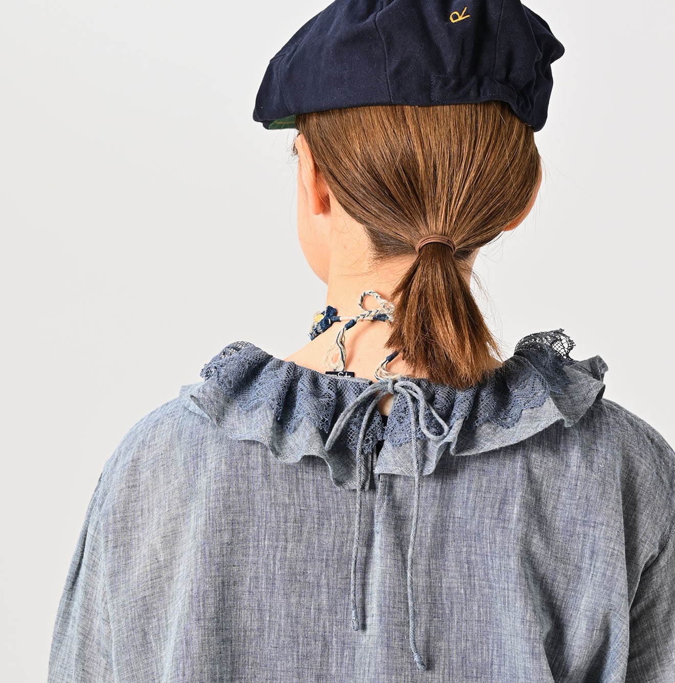 45R Indigo Gauze Frilled Collar Blouse