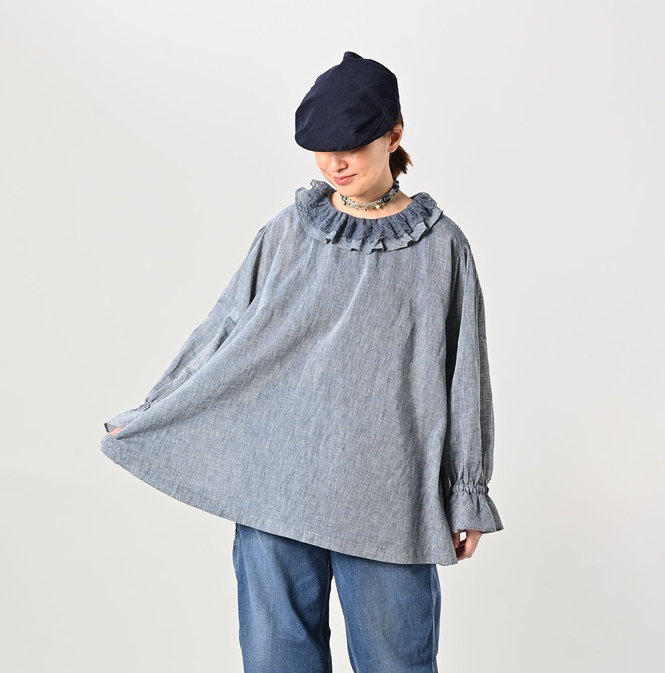 45R Indigo Gauze Frilled Collar Blouse