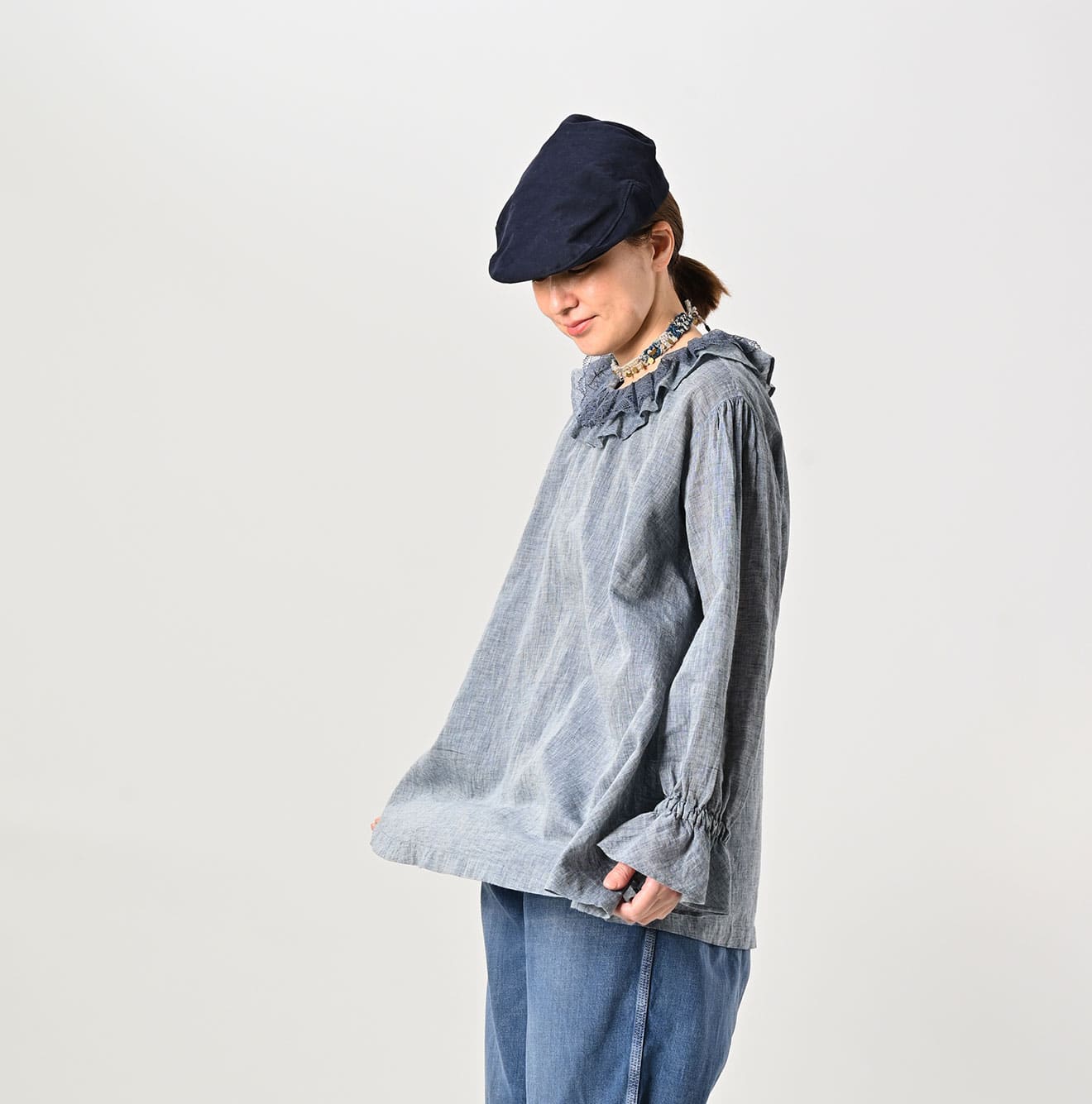 45R Indigo Gauze Frilled Collar Blouse