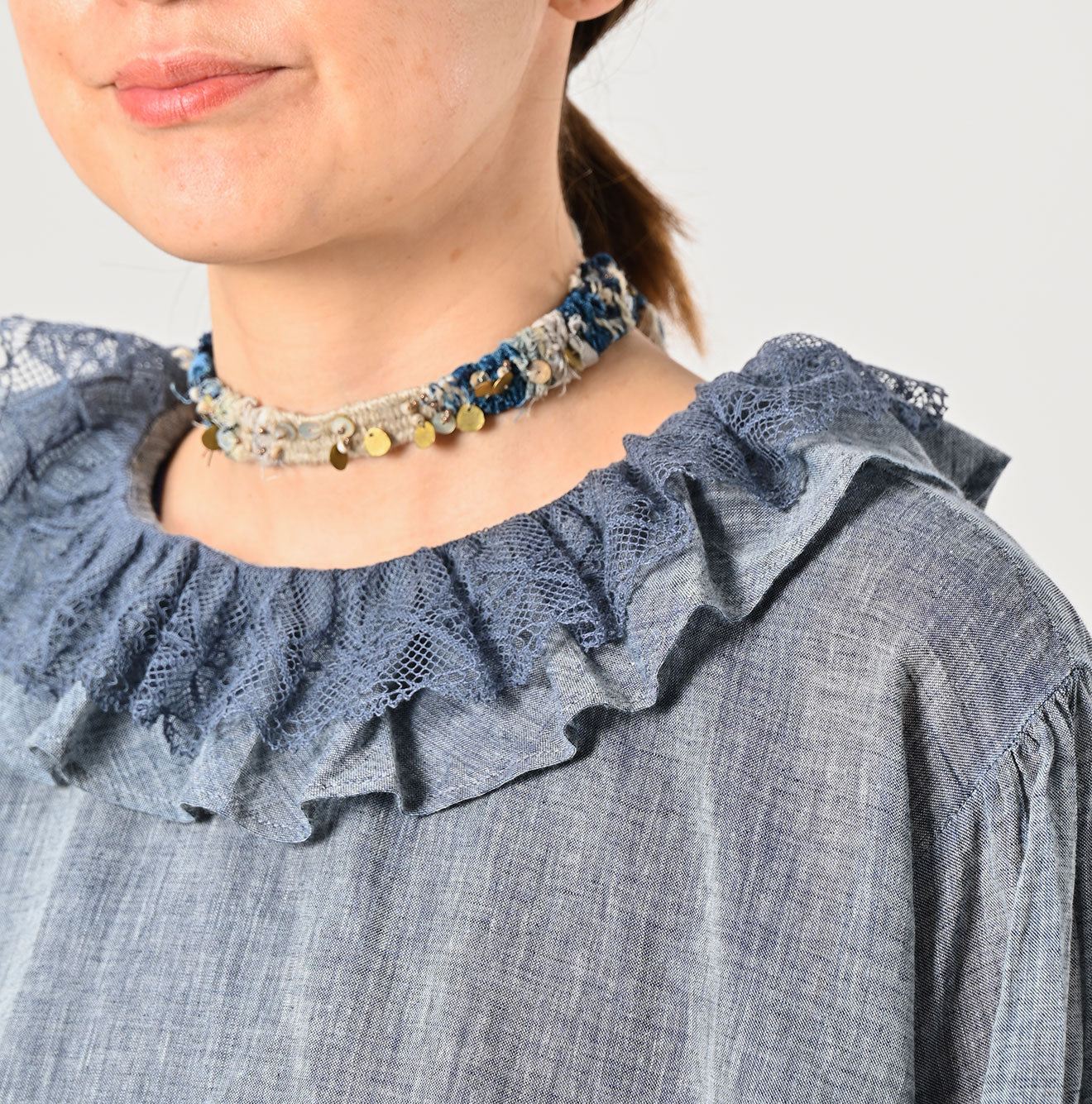 45R Indigo Gauze Frilled Collar Blouse