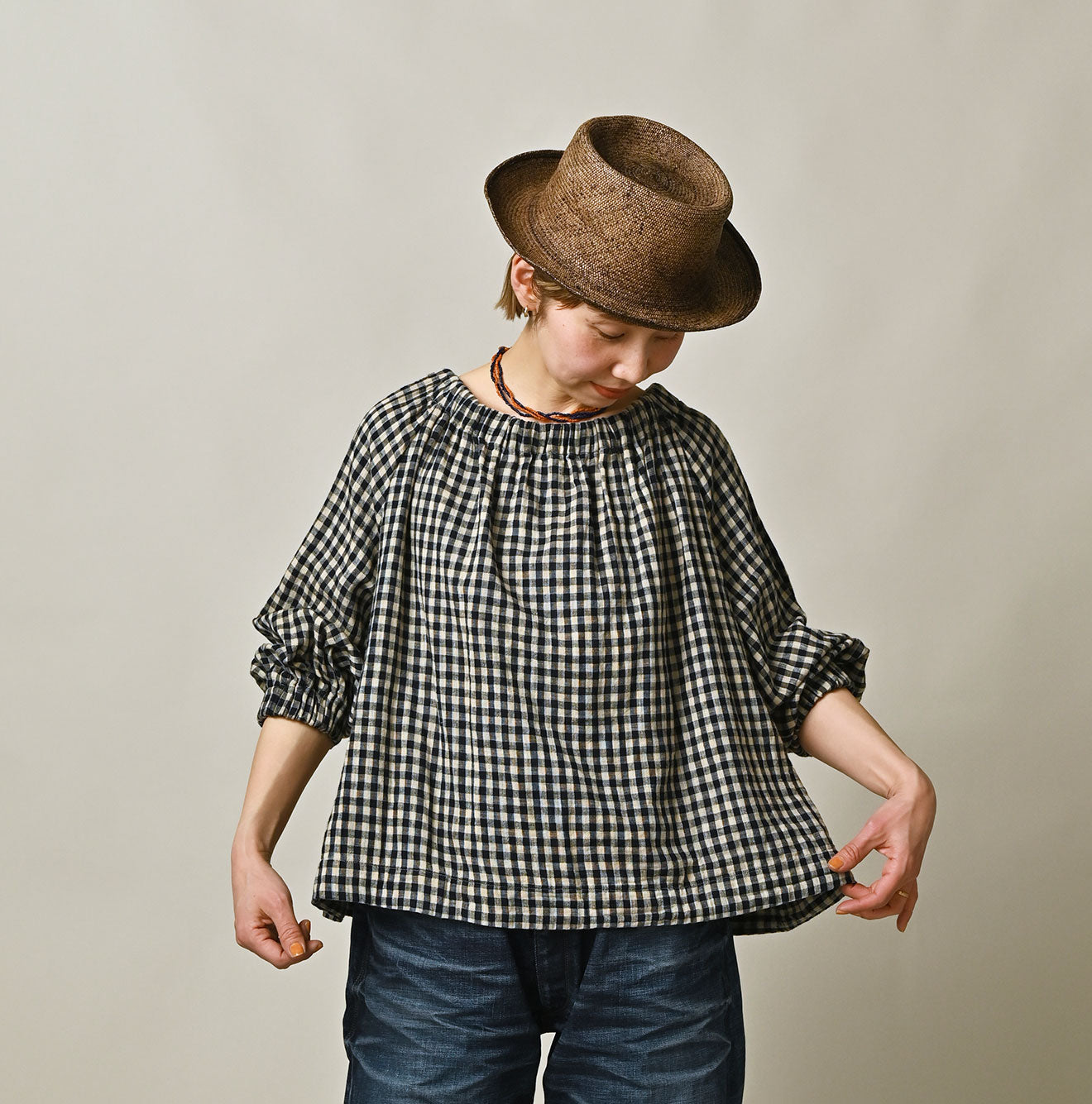 45R Indigo Doublecloth Shirring Blouse