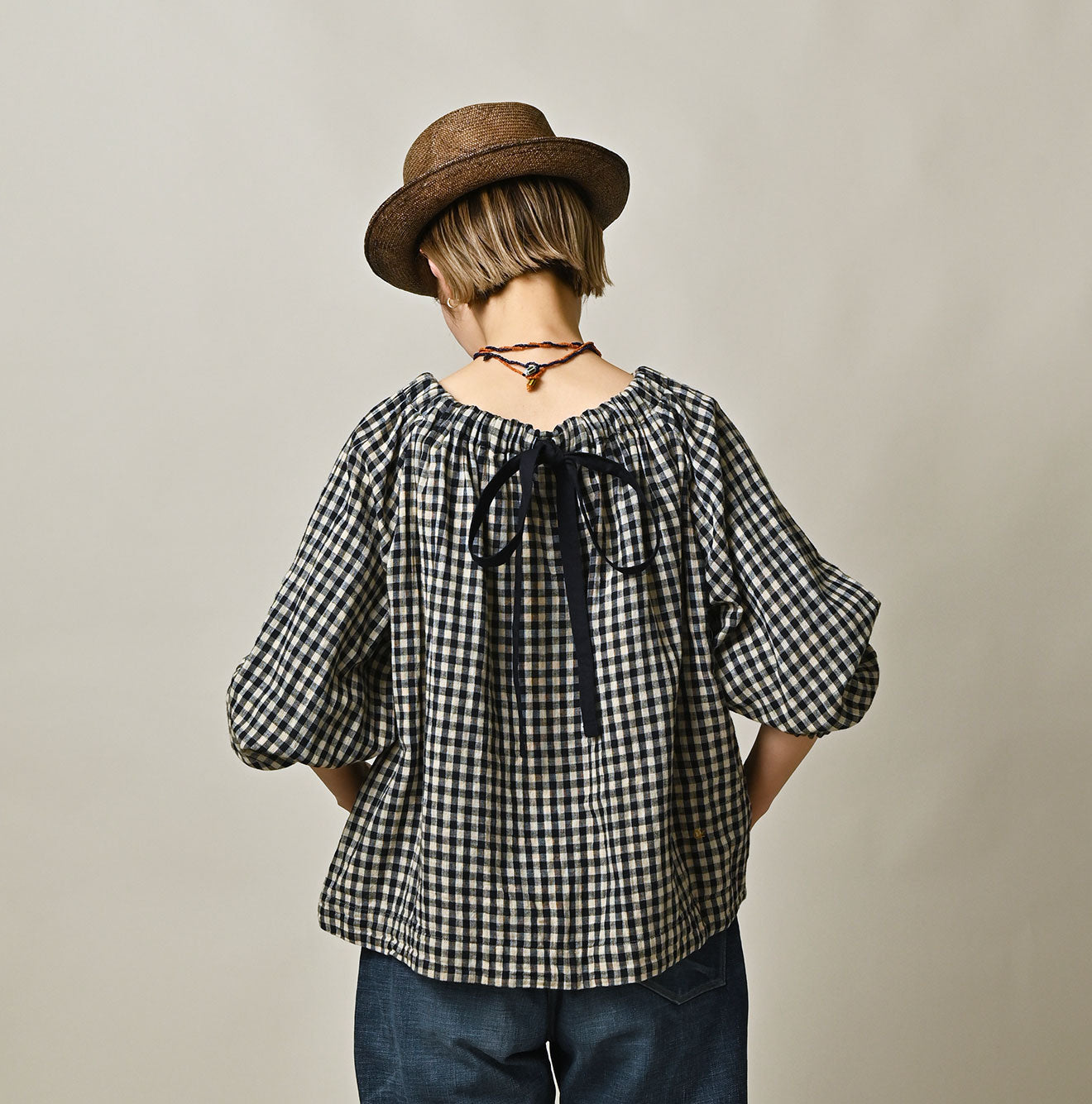 45R Indigo Doublecloth Shirring Blouse