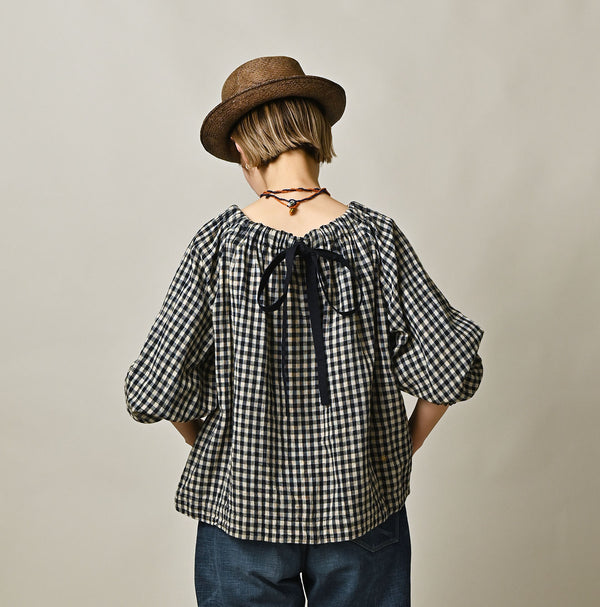 45R Indigo Doublecloth Shirring Blouse