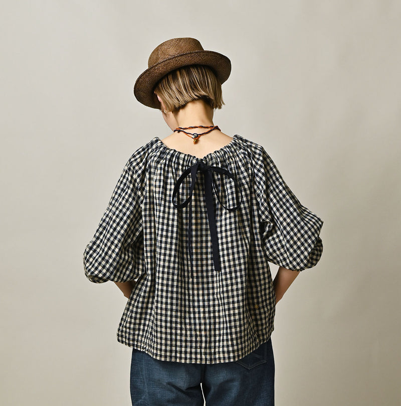 45R Indigo Doublecloth Shirring Blouse - Image 6