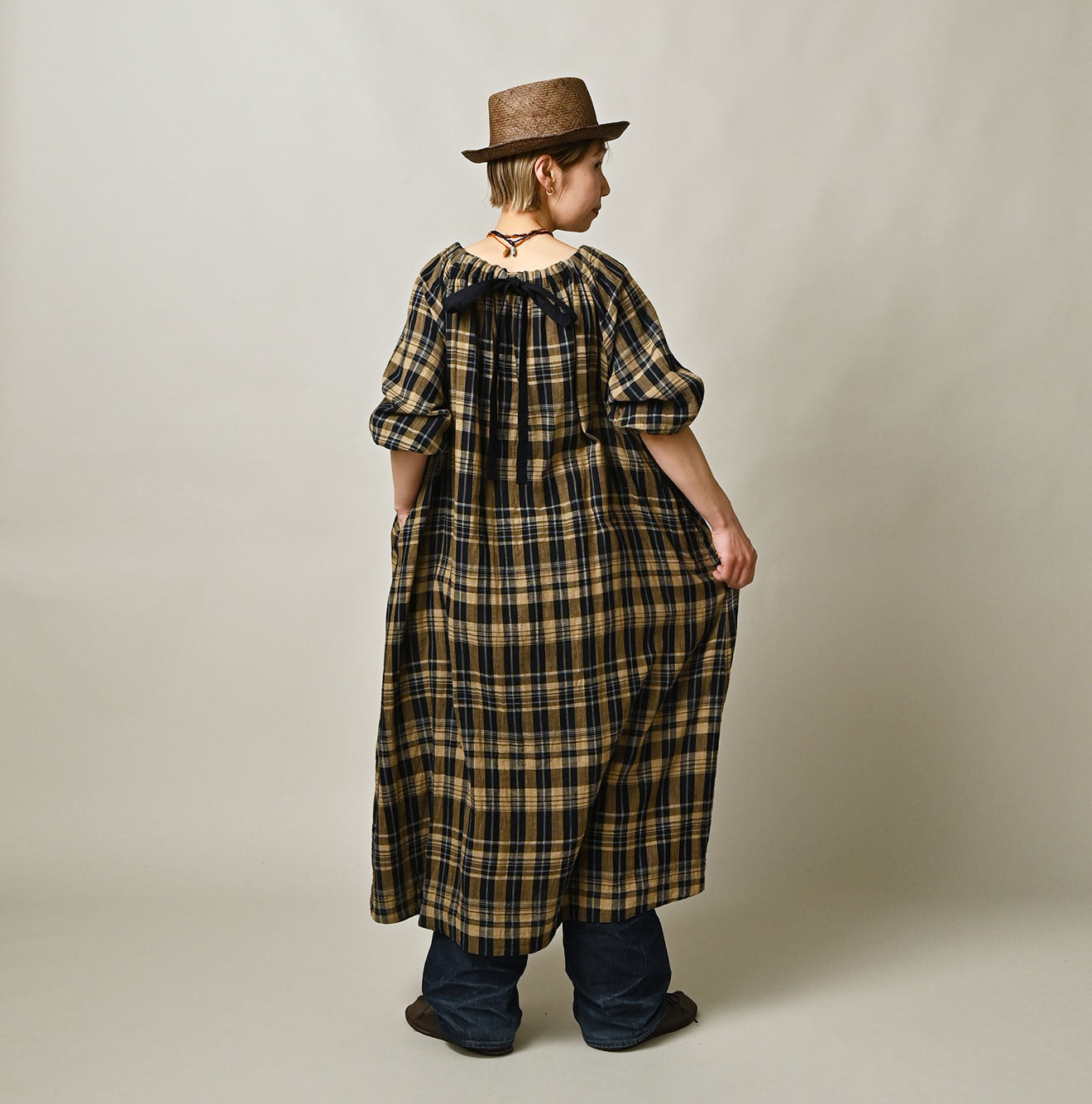 45R Indigo Doublecloth Shirring Dress - Image 6