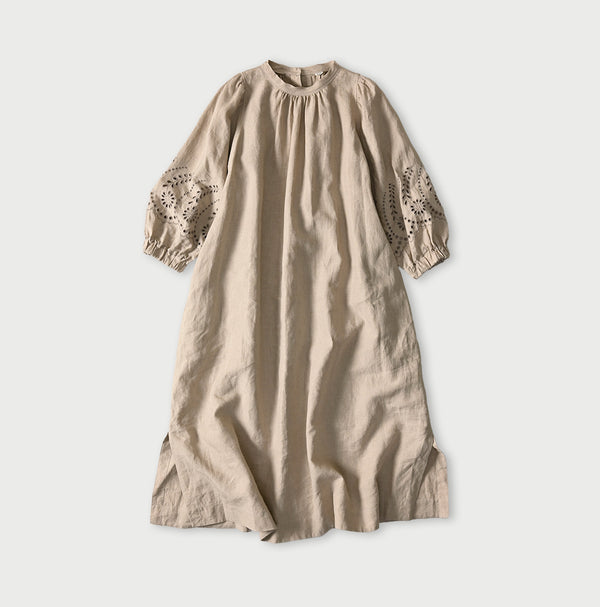 60 Linen Embroidery Puff Sleeve Dress