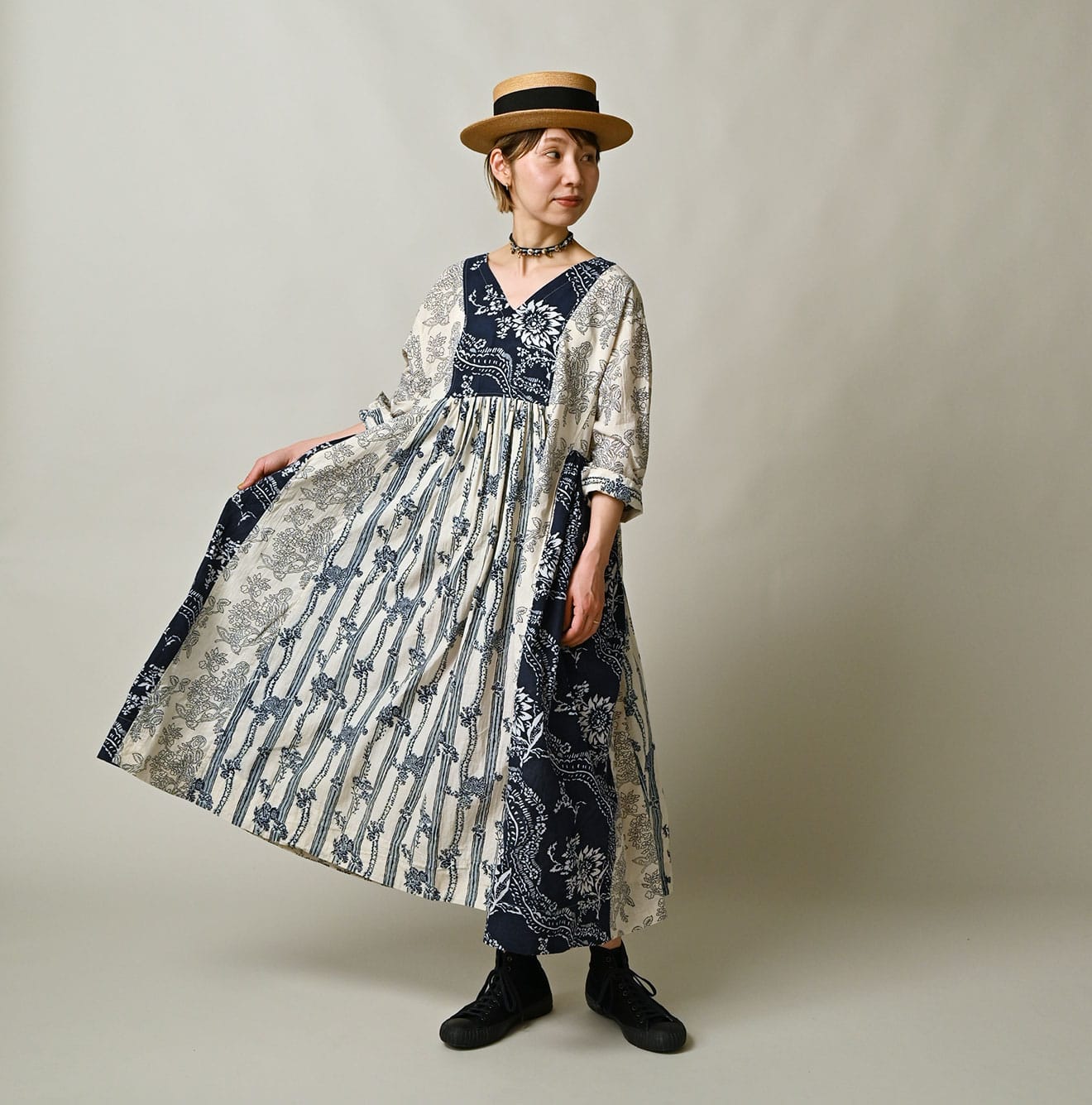 45R Khadi Block-Print Patchwork Dress