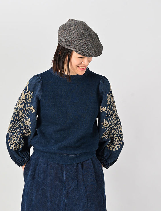 Indigo Cotton Fleece Flower Embroidery Puff Sweat