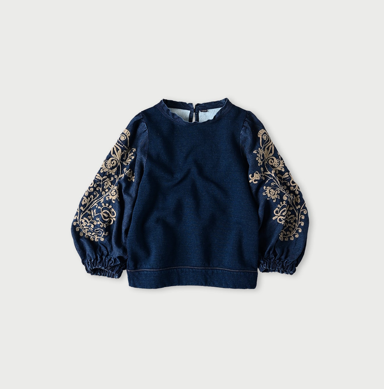 Indigo Cotton Fleece Flower Embroidery Puff Sweat (Size 2) - 45R by 45rpm studio