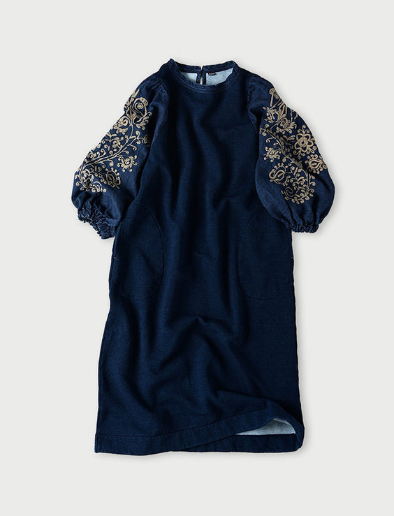 Indigo Cotton Fleece Embroidery Puff Dress