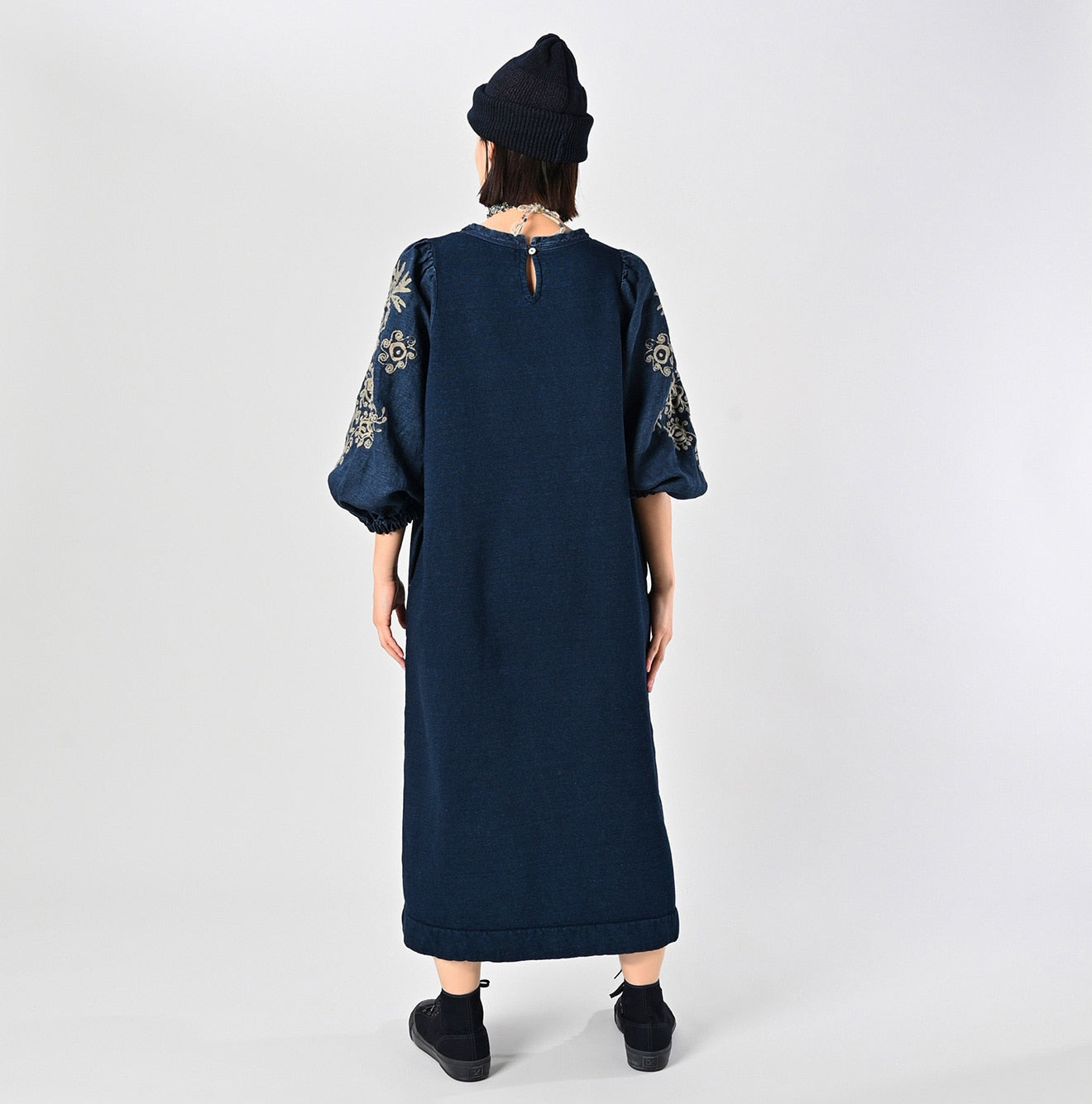 45R Indigo Cotton Fleece Embroidery Puff Dress