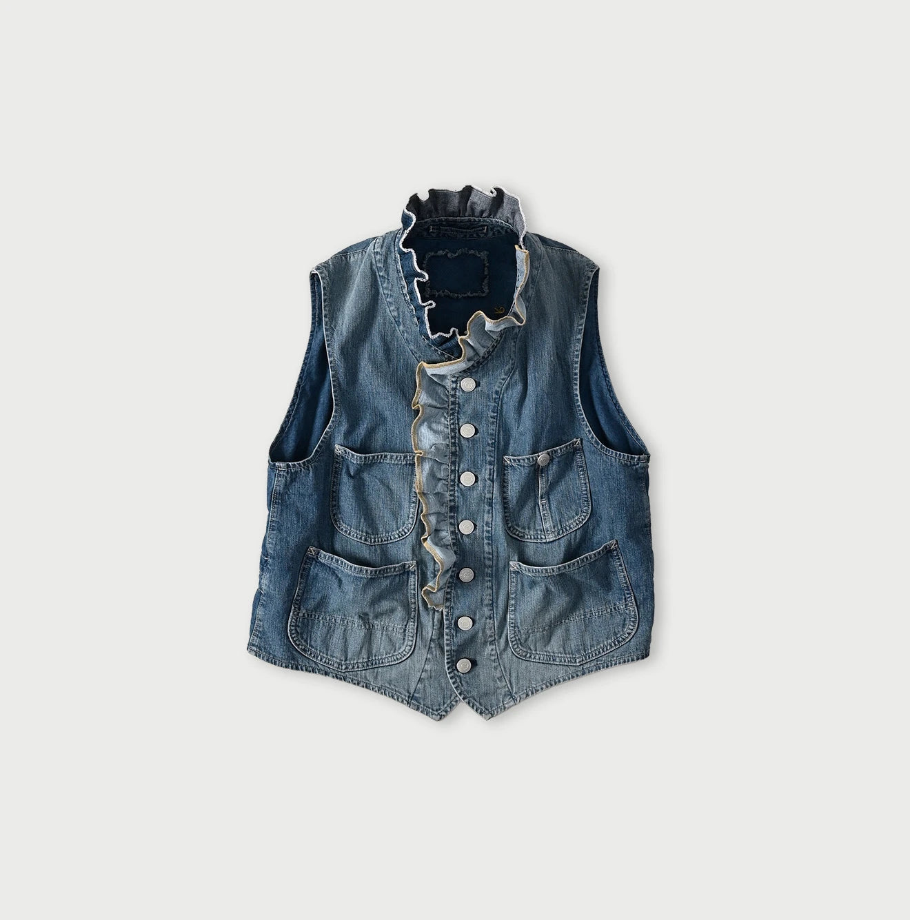 45R Mugihiko Denim Frilled Work Vest - Image 1