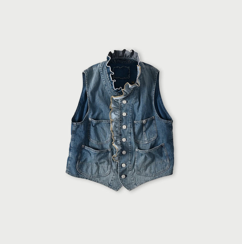 45R Mugihiko Denim Frilled Work Vest - Image 1