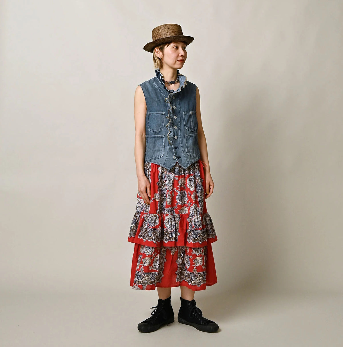 45R Mugihiko Denim Frilled Work Vest