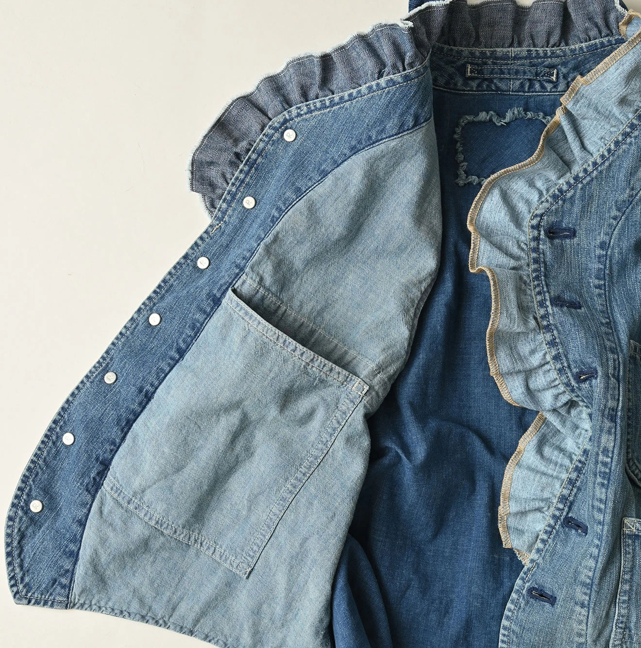 45R Mugihiko Denim Frilled Work Vest