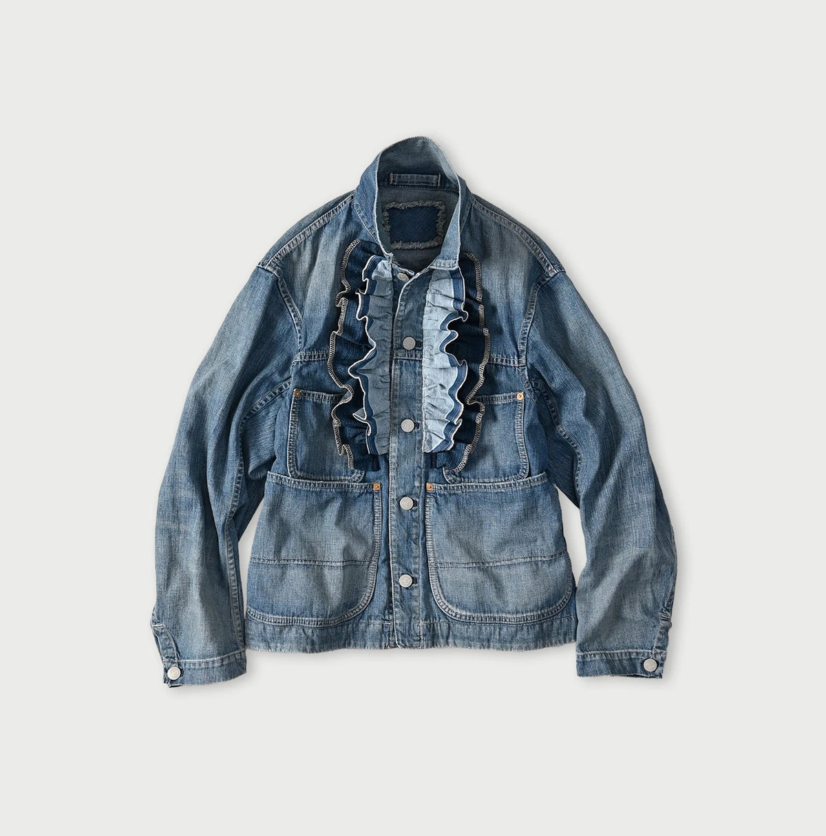 45R Mugihiko Denim Frilled Coverall Zyu