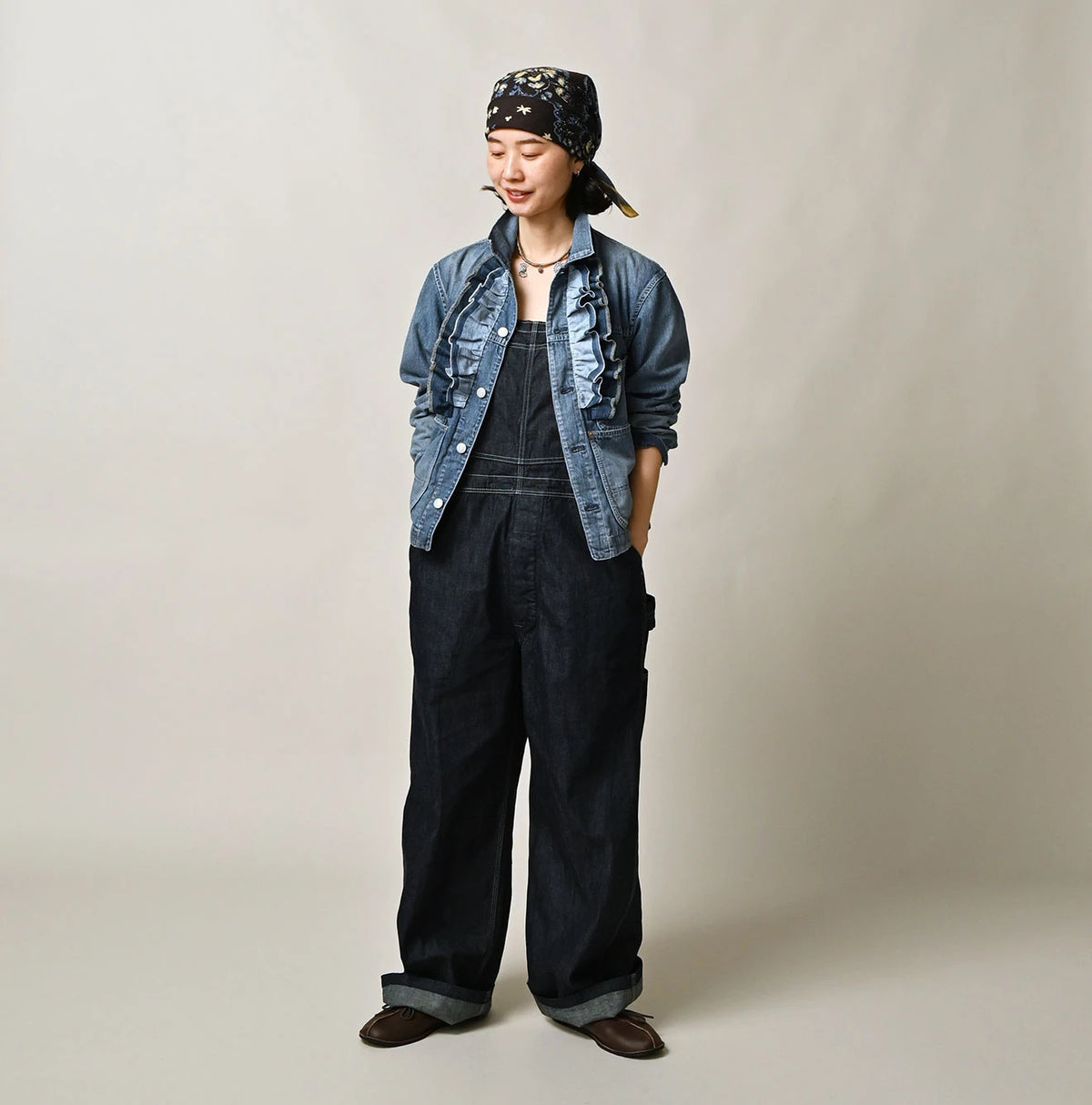 45R Mugihiko Denim Frilled Coverall Zyu