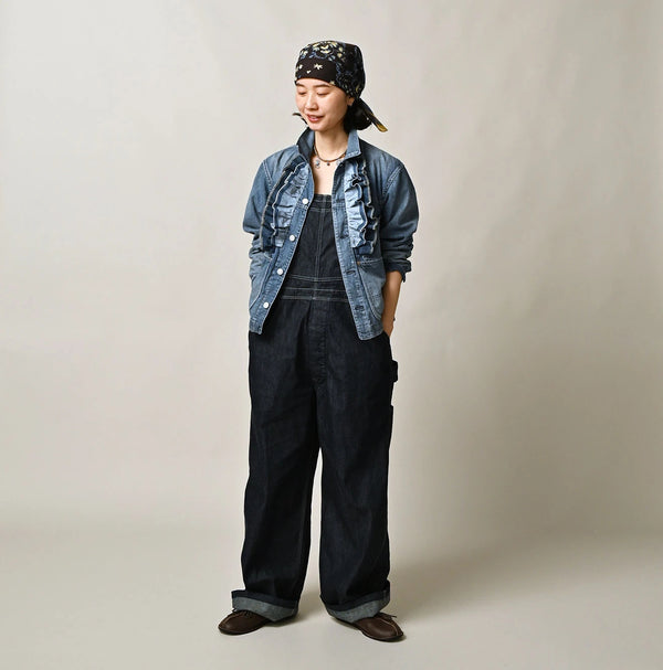 45R Mugihiko Denim Frilled Coverall Zyu