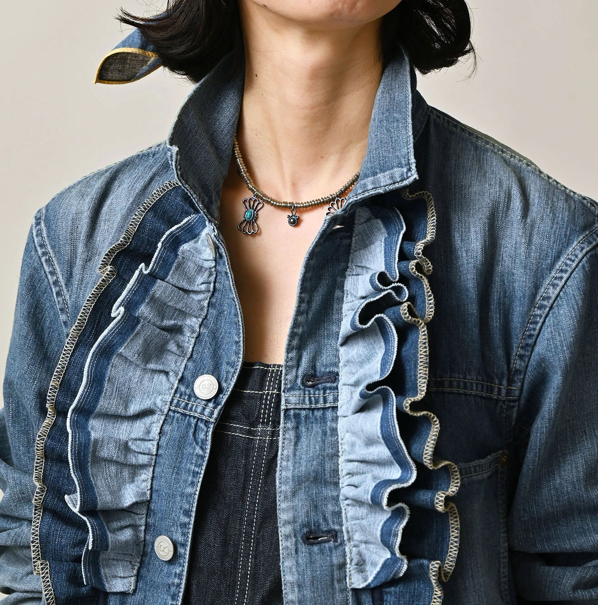 45R Mugihiko Denim Frilled Coverall Zyu