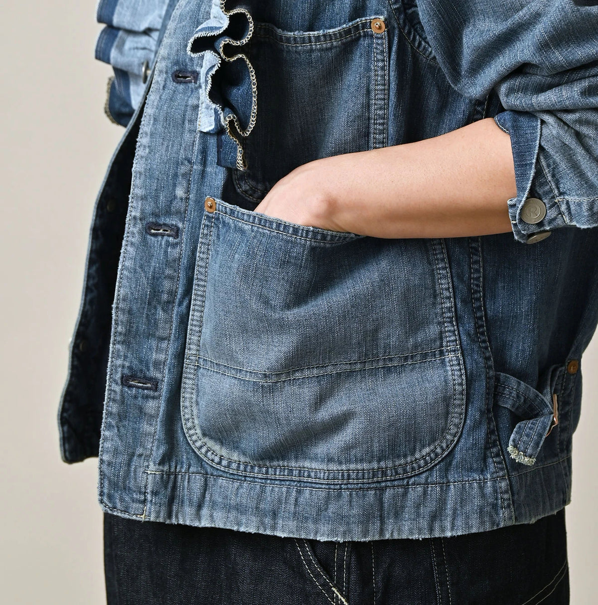 45R Mugihiko Denim Frilled Coverall Zyu