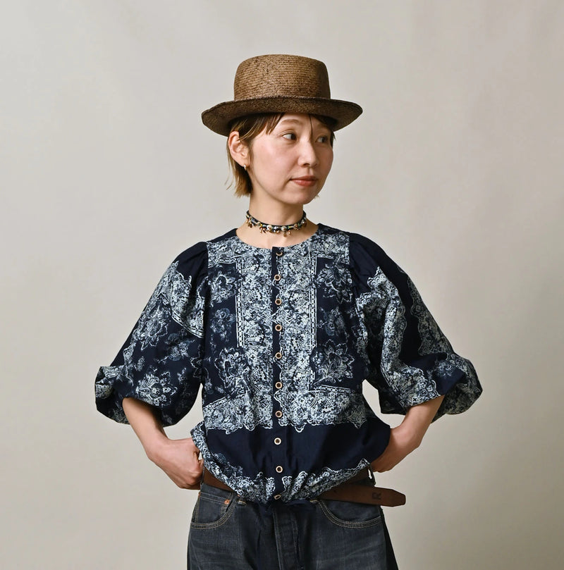 Indigo Khadi Bandana Paisley Puff Sleeve Blouse - Image 3