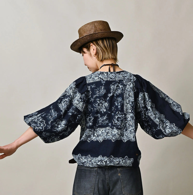 Indigo Khadi Bandana Paisley Puff Sleeve Blouse - Image 5