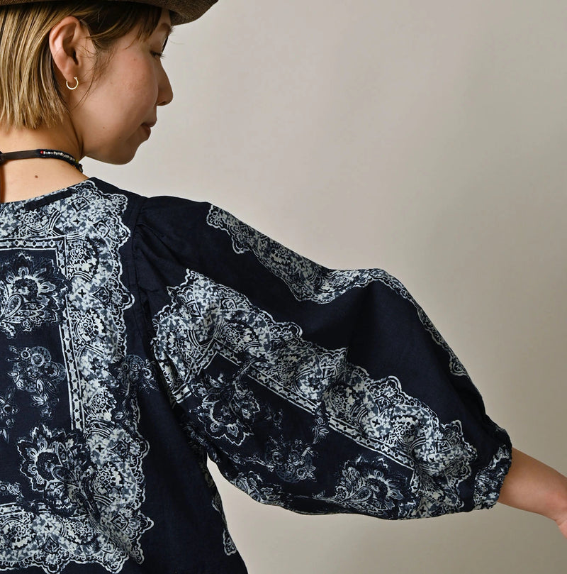Indigo Khadi Bandana Paisley Puff Sleeve Blouse - Image 9