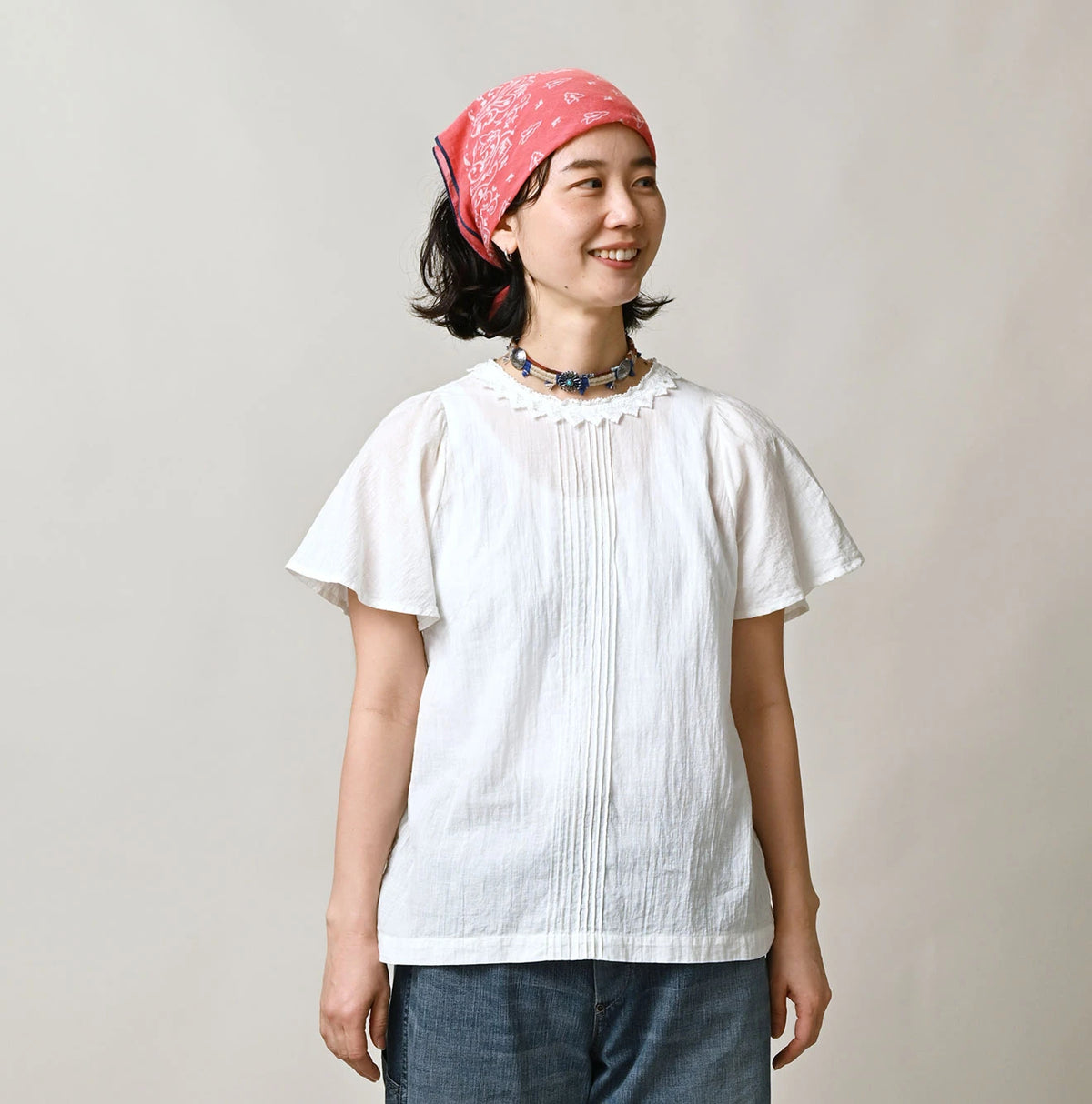 45R Khadi Pintuck Lace Blouse (White)