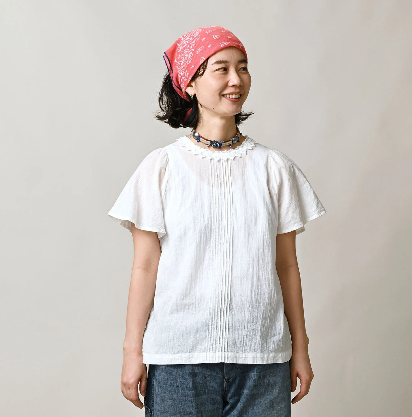 45R Khadi Pintuck Lace Blouse (White) - Image 3