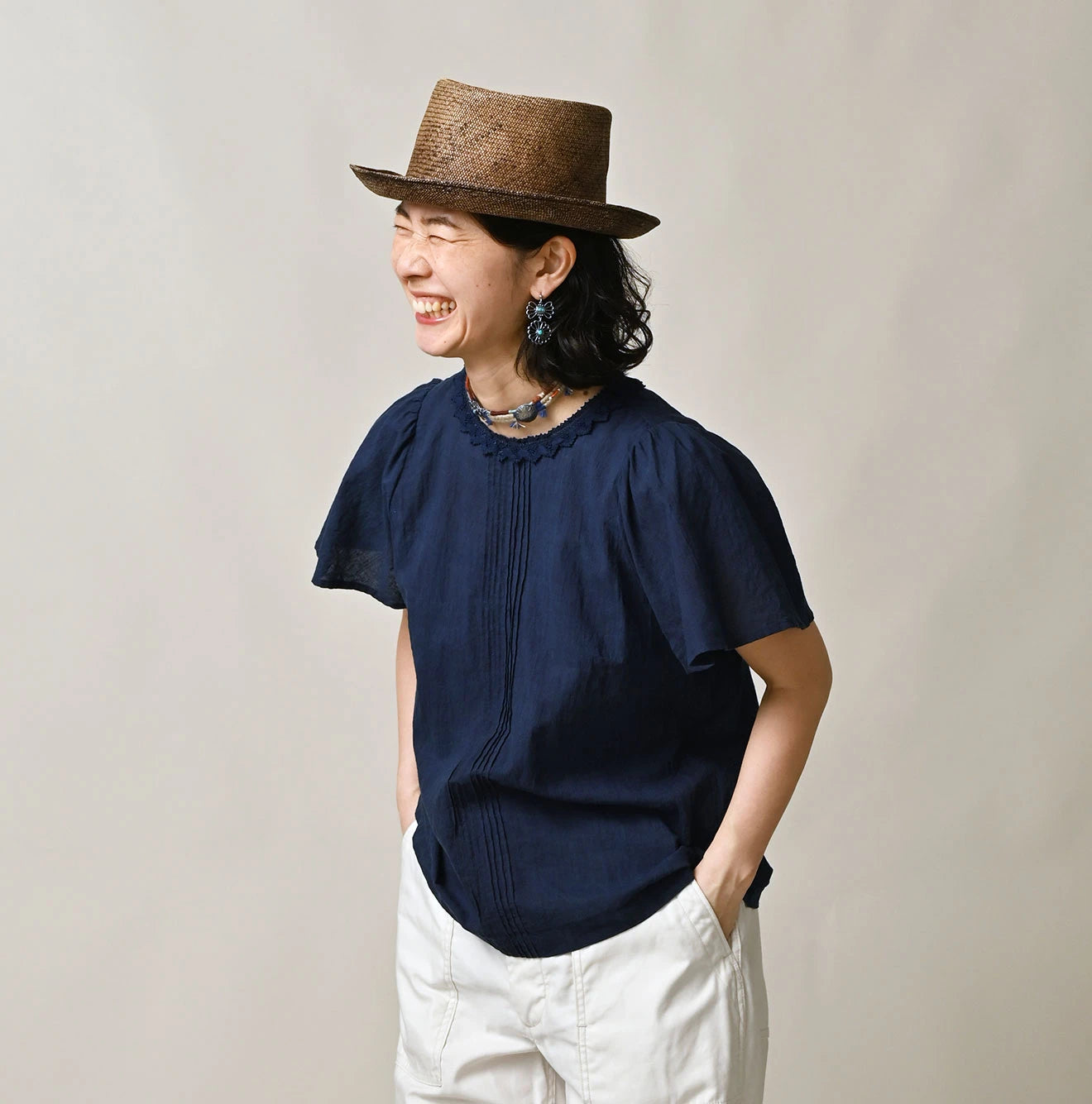 45R Ai Indigo Khadi Pintuck Lace Blouse - Image 3