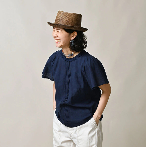 45R Ai Indigo Khadi Pintuck Lace Blouse