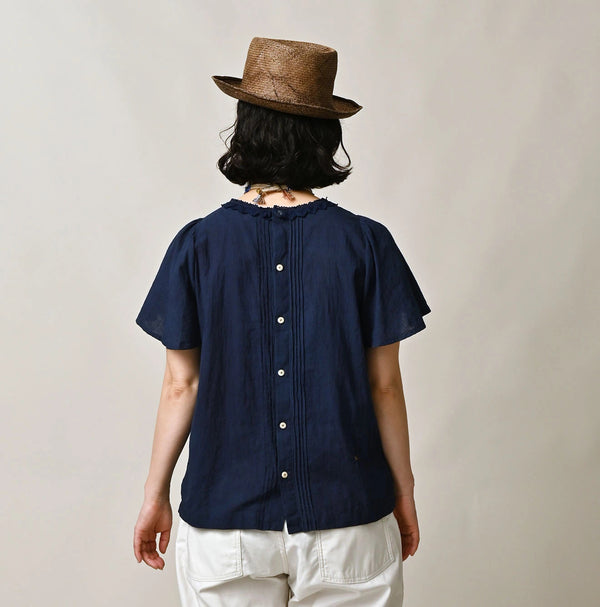 45R Ai Indigo Khadi Pintuck Lace Blouse