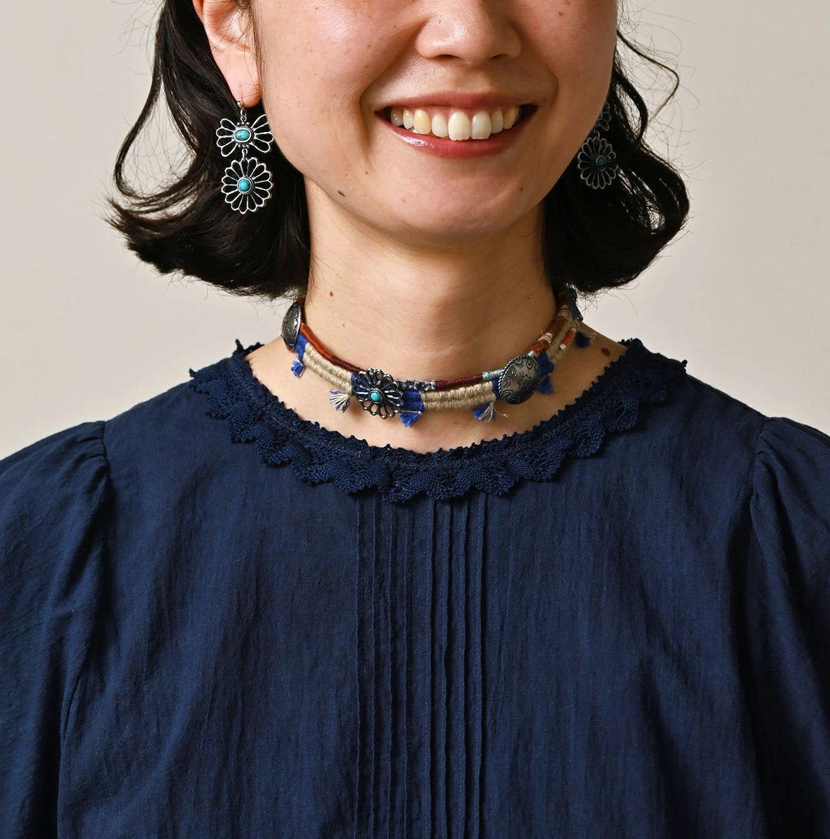 45R Ai Indigo Khadi Pintuck Lace Blouse