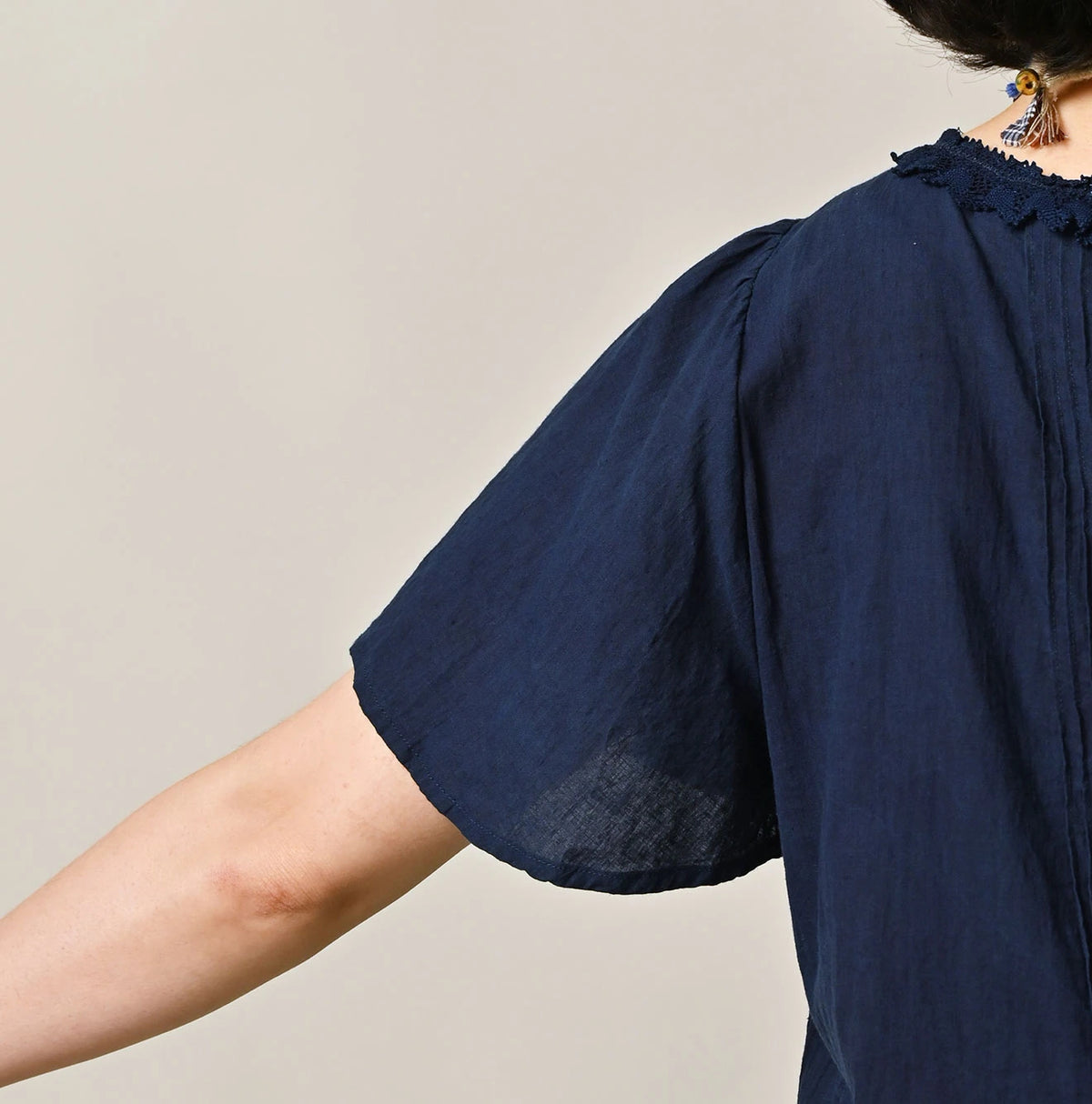 45R Ai Indigo Khadi Pintuck Lace Blouse