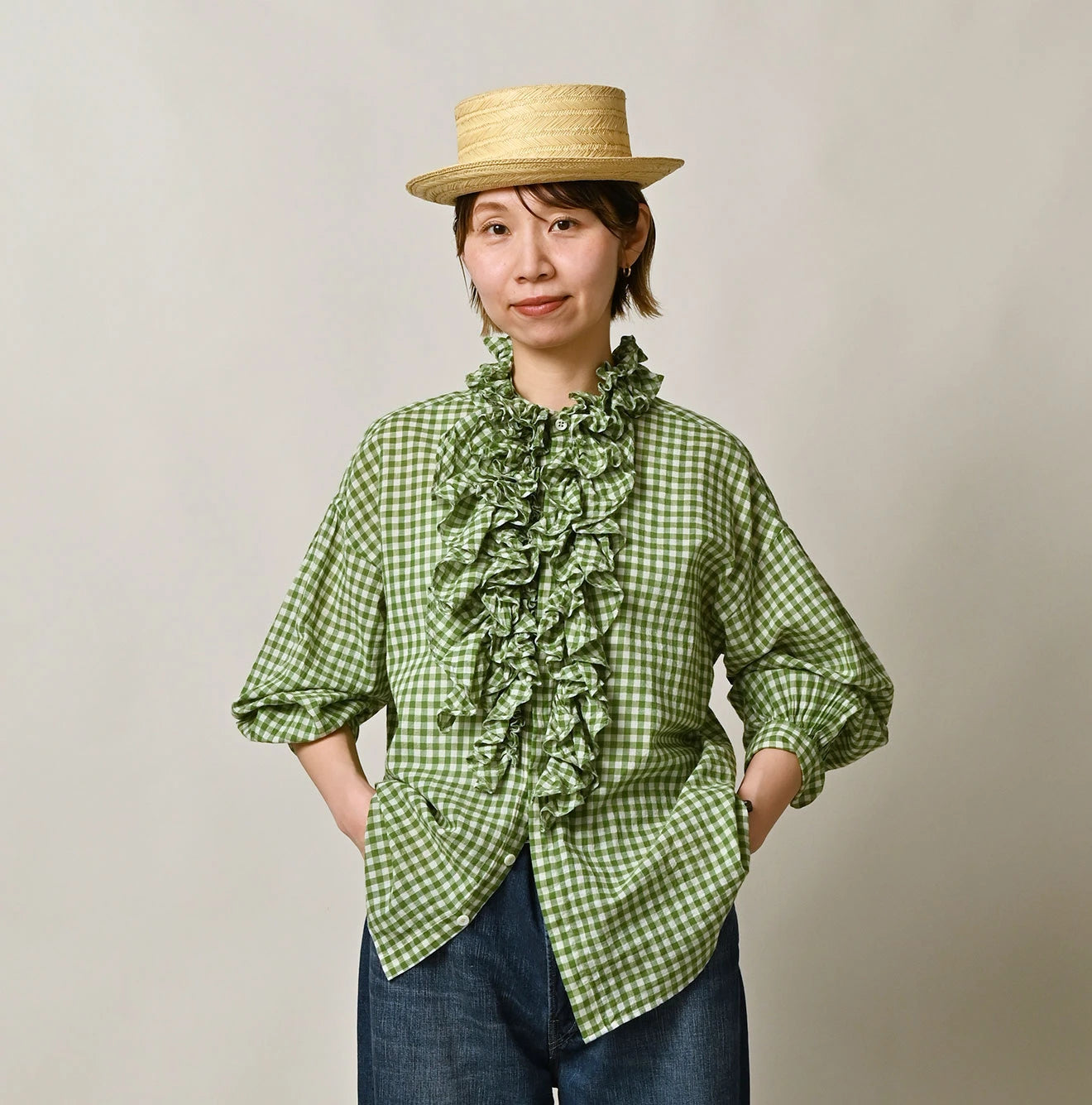 45R Gauze Gingham Frill Coupe Shirt - Image 6