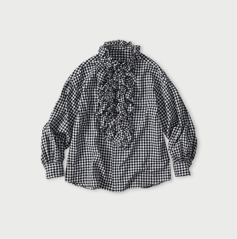 45R Indigo Gauze Gingham Frill Coupe Shirt - Image 1