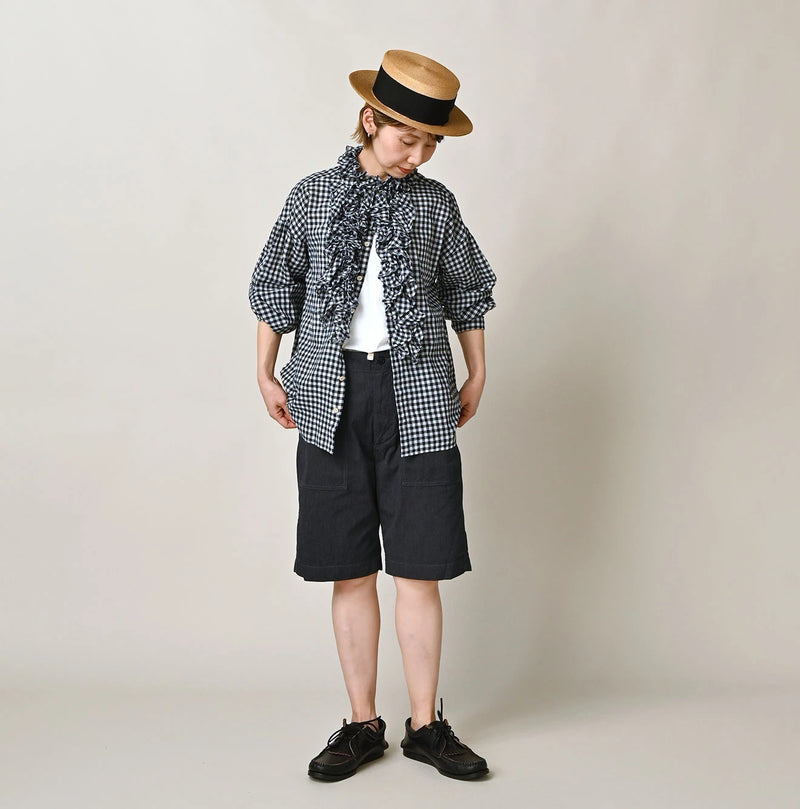 45R Indigo Gauze Gingham Frill Coupe Shirt - Image 2