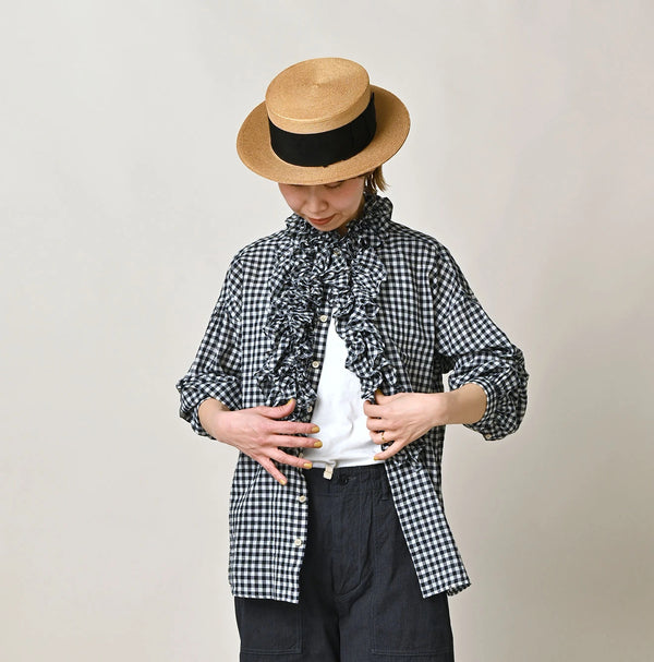45R Indigo Gauze Gingham Frill Coupe Shirt