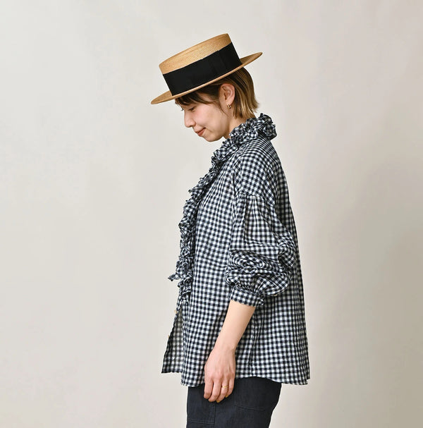 45R Indigo Gauze Gingham Frill Coupe Shirt